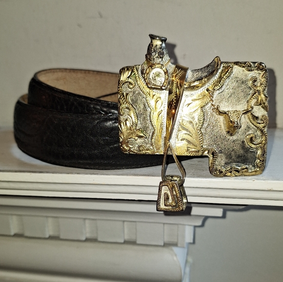Vintage Mexican black leather belt and longhorn saddle metal belt buckle size 42 - Picture 2 of 10